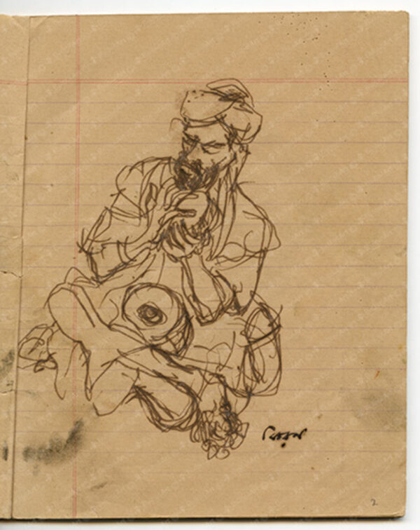 Sketch of a Seated Baul Musician with Two Tabla