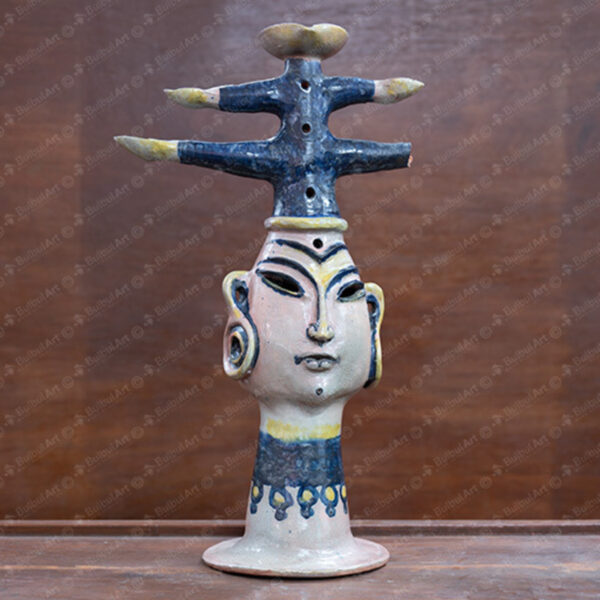 Face with Diya Headpiece in blue, yellow, and white