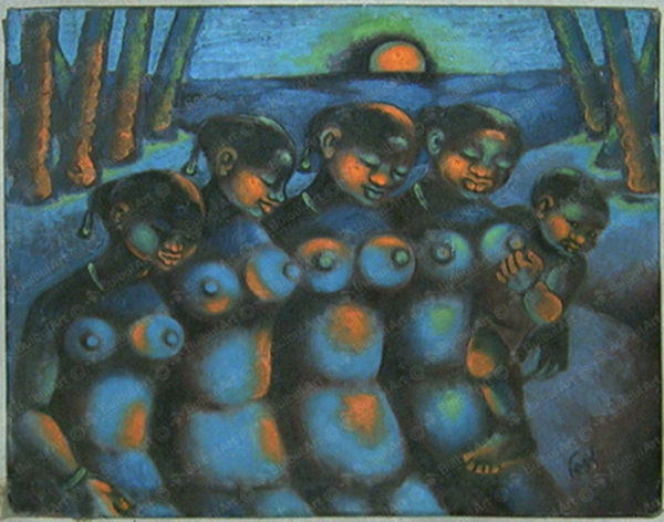 Four Santali Women Dancing with a Baby at Sunset
